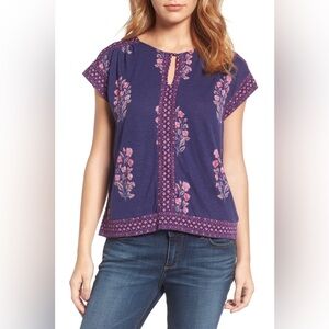 Lucky Brand Navy Floral Linen Blend Women's Top L
